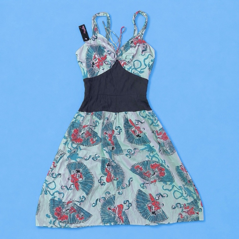 Trashy Diva Turquoise Black Asian Geisha Lamour Dress Retro Pinup Midi Pockets 2